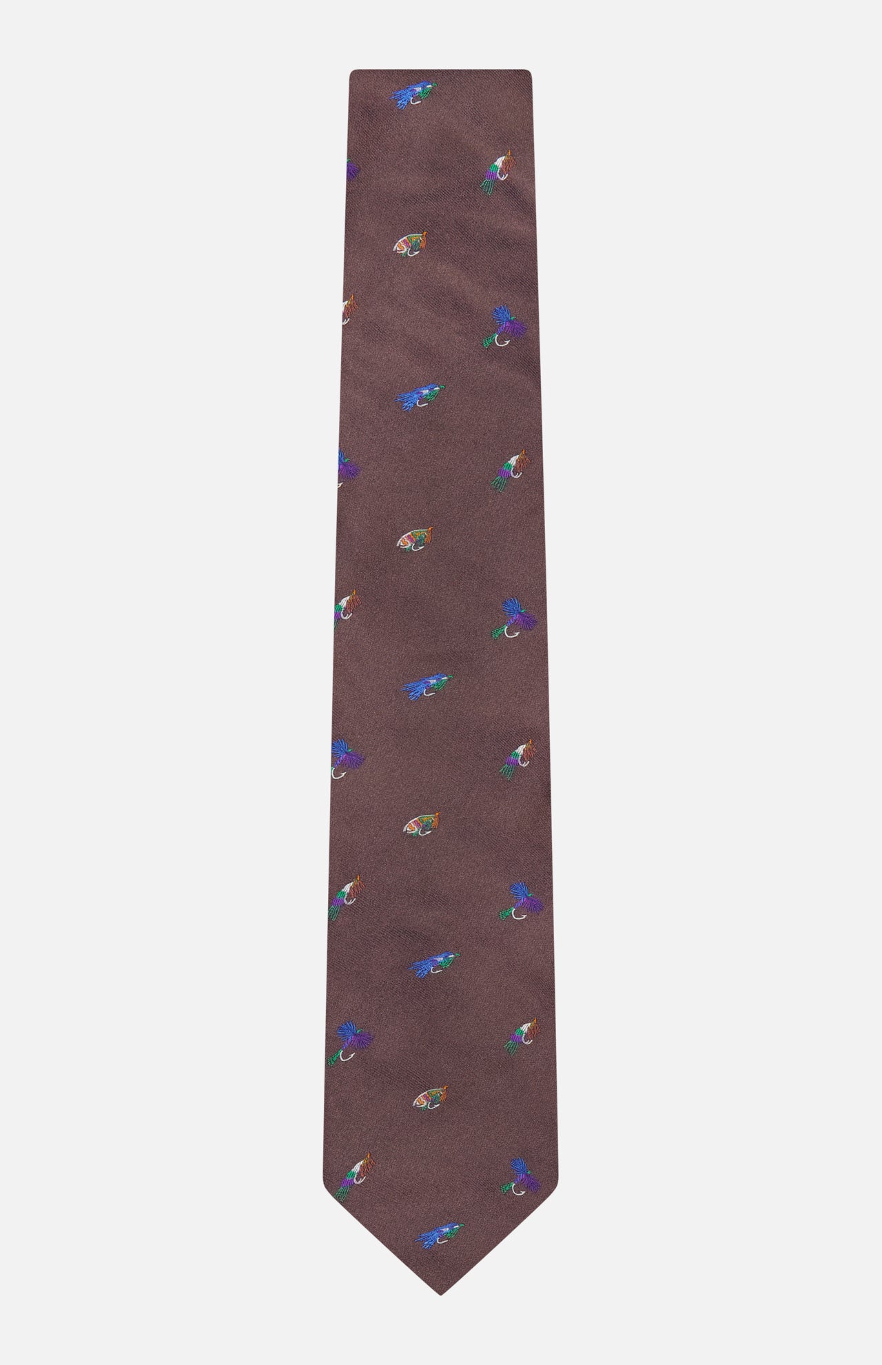 The ROBERT TALBOTT Robert Fishing Flies Tie is a brown silk necktie adorned with a pattern of vibrant fishing flies scattered across its surface, shown against a plain white background—an elegant men’s accessory ideal for any occasion.