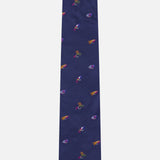Introducing the ROBERT TALBOTT Robert Fishing Flies Tie—a navy silk men’s luxury necktie adorned with a repeating pattern of small, colorful embroidered fishing flies. This elegant design adds a playful yet sophisticated touch to any formal ensemble.