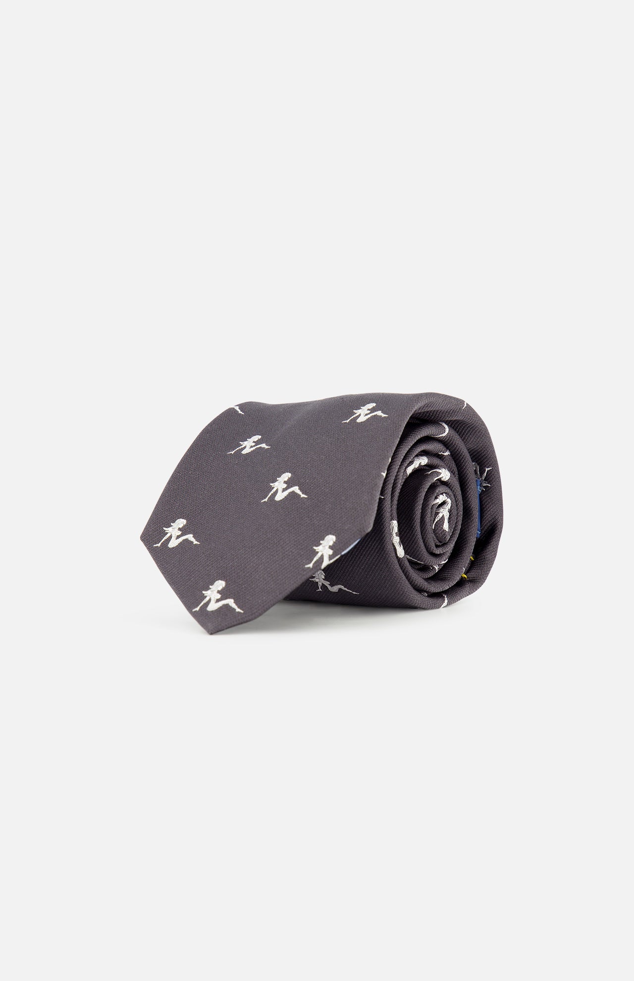 The Robert Pin-Up Silhouette Tie by ROBERT TALBOTT is rolled up neatly on a plain white background, featuring a dark grey silk fabric adorned with small white running person silhouettes.