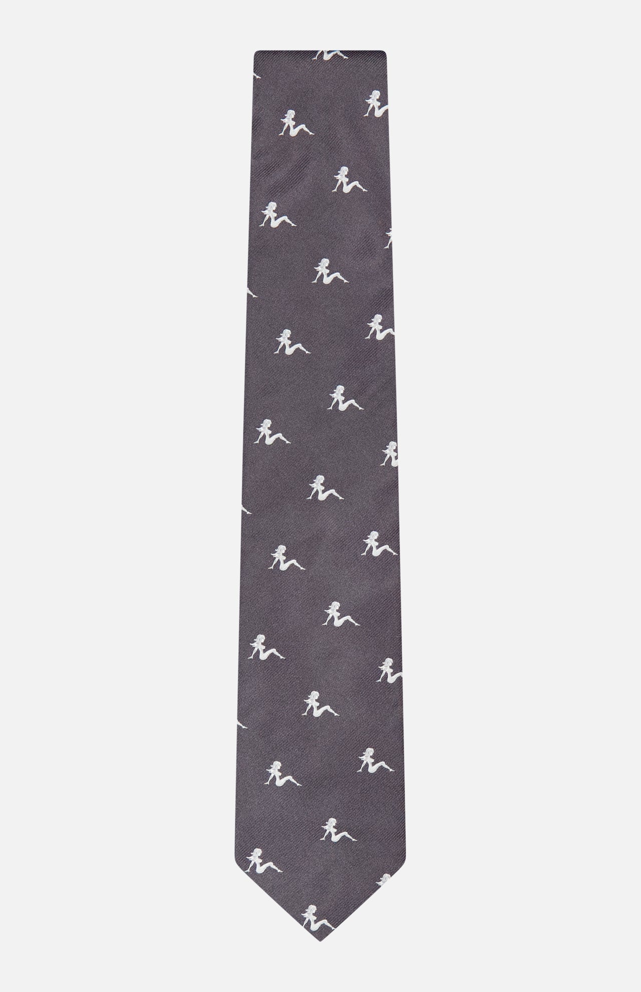The Robert Pin-Up Silhouette Tie by ROBERT TALBOTT is a dark grey silk designer necktie adorned with a repeating white pattern of small dinosaur silhouettes, bringing a playful yet sophisticated accent to any outfit.