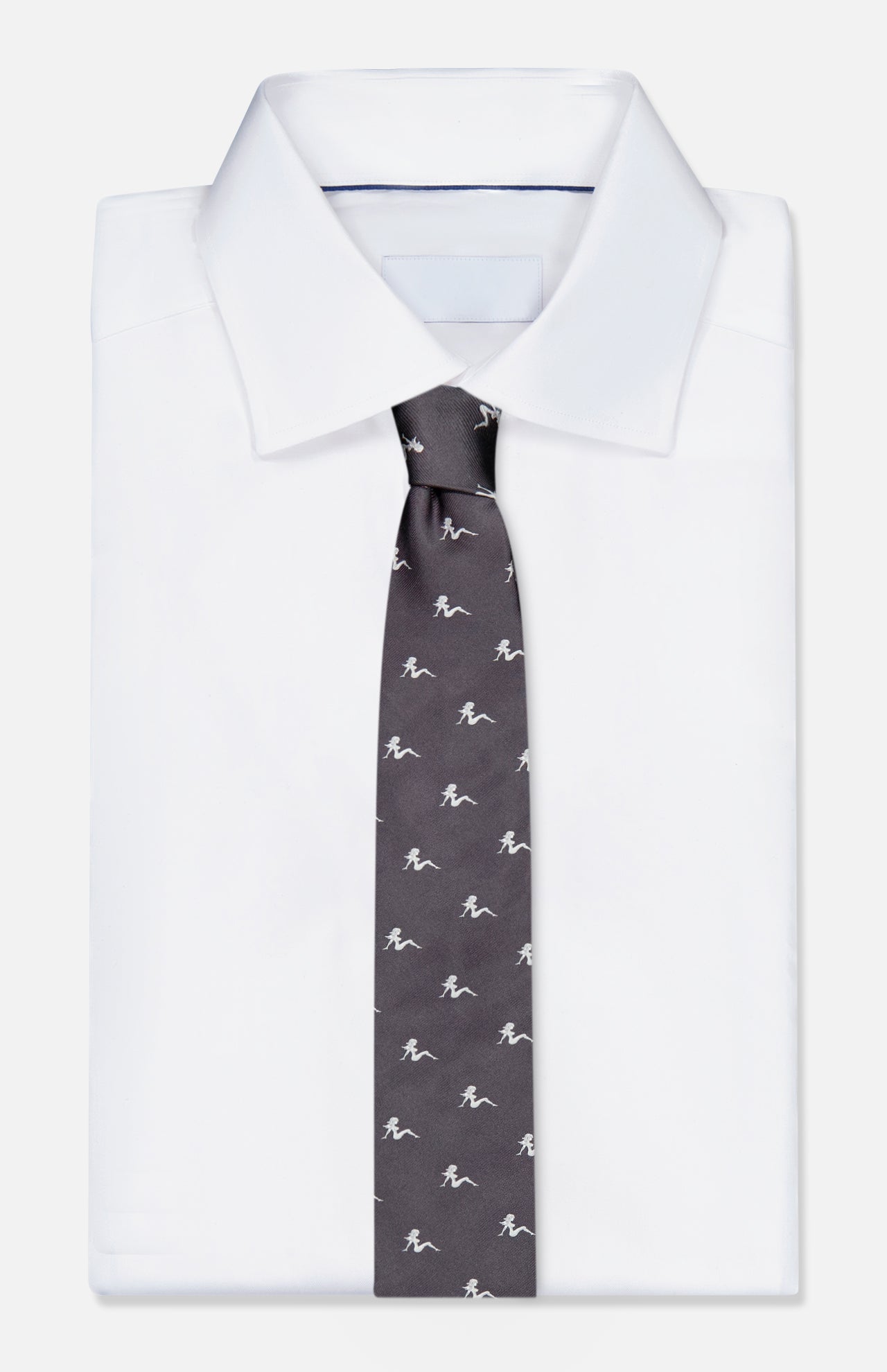 A neatly folded white dress shirt paired with a ROBERT TALBOTT Robert Pin-Up Silhouette Tie—a dark grey silk necktie adorned with a repeating small white pattern—displayed on a plain background.
