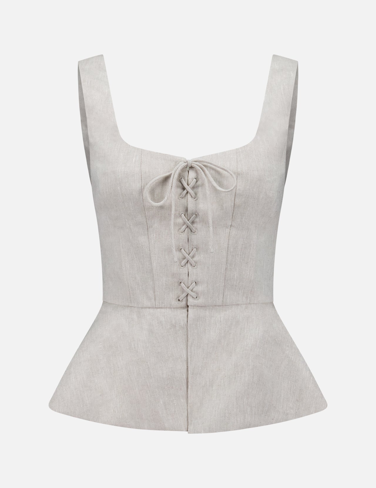 The RONNY KOBO Catalan Lace Front Linen Top is a light gray tank with a square neckline, lace-up front, and flared peplum hem, shown against a plain white background.