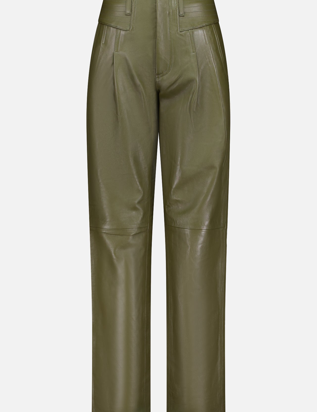 The Justine Straight Leg Leather Pant by RONNY KOBO features a high-rise olive green design with front pleats, visible stitching, and belt loops, displayed on a plain white background.