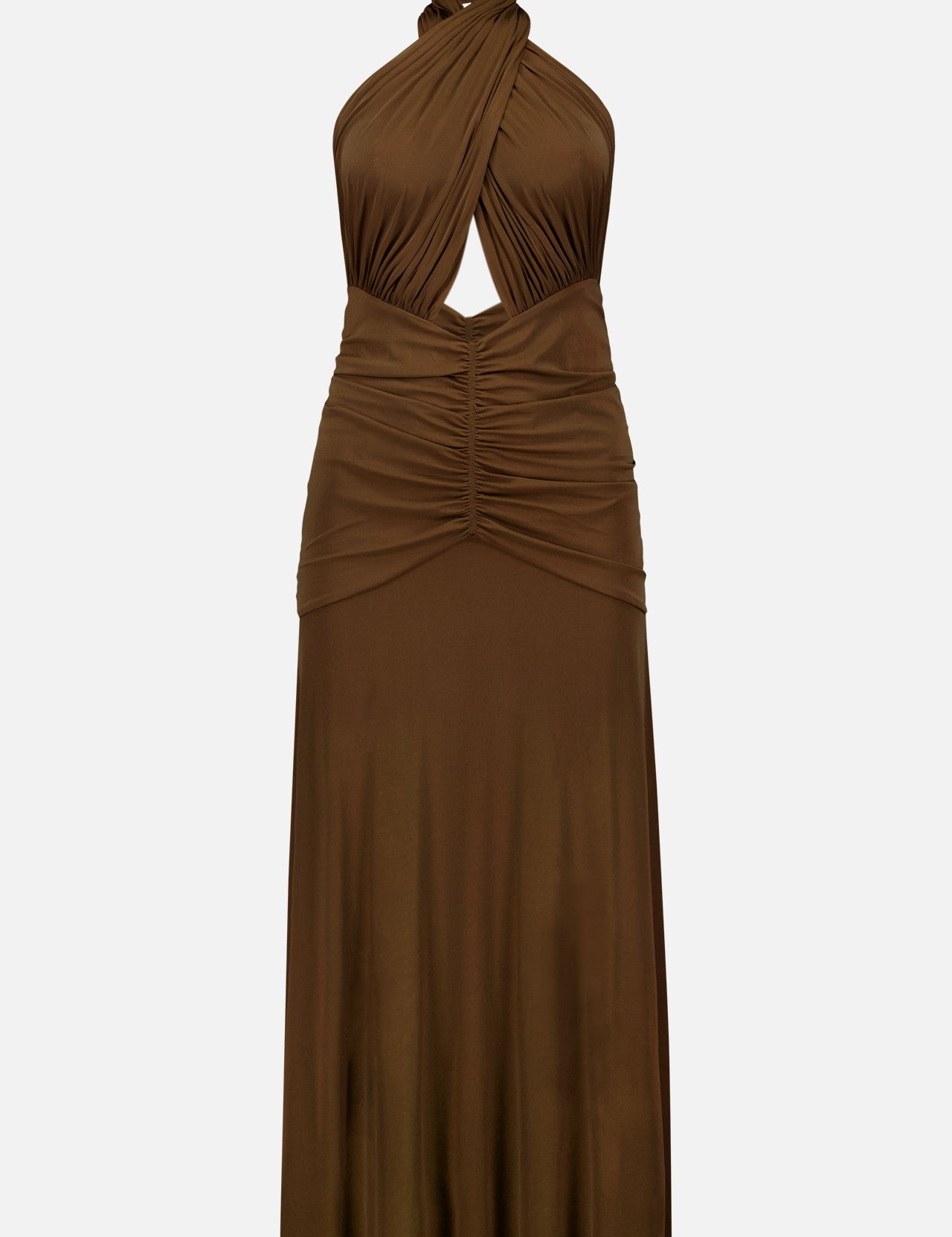 The Labelle Plunging Neckline Dress by RONNY KOBO is a sleeveless brown halter dress with a twisted front, chest keyhole cutout, ruched waist, and long straight skirt—ideal for special occasions.