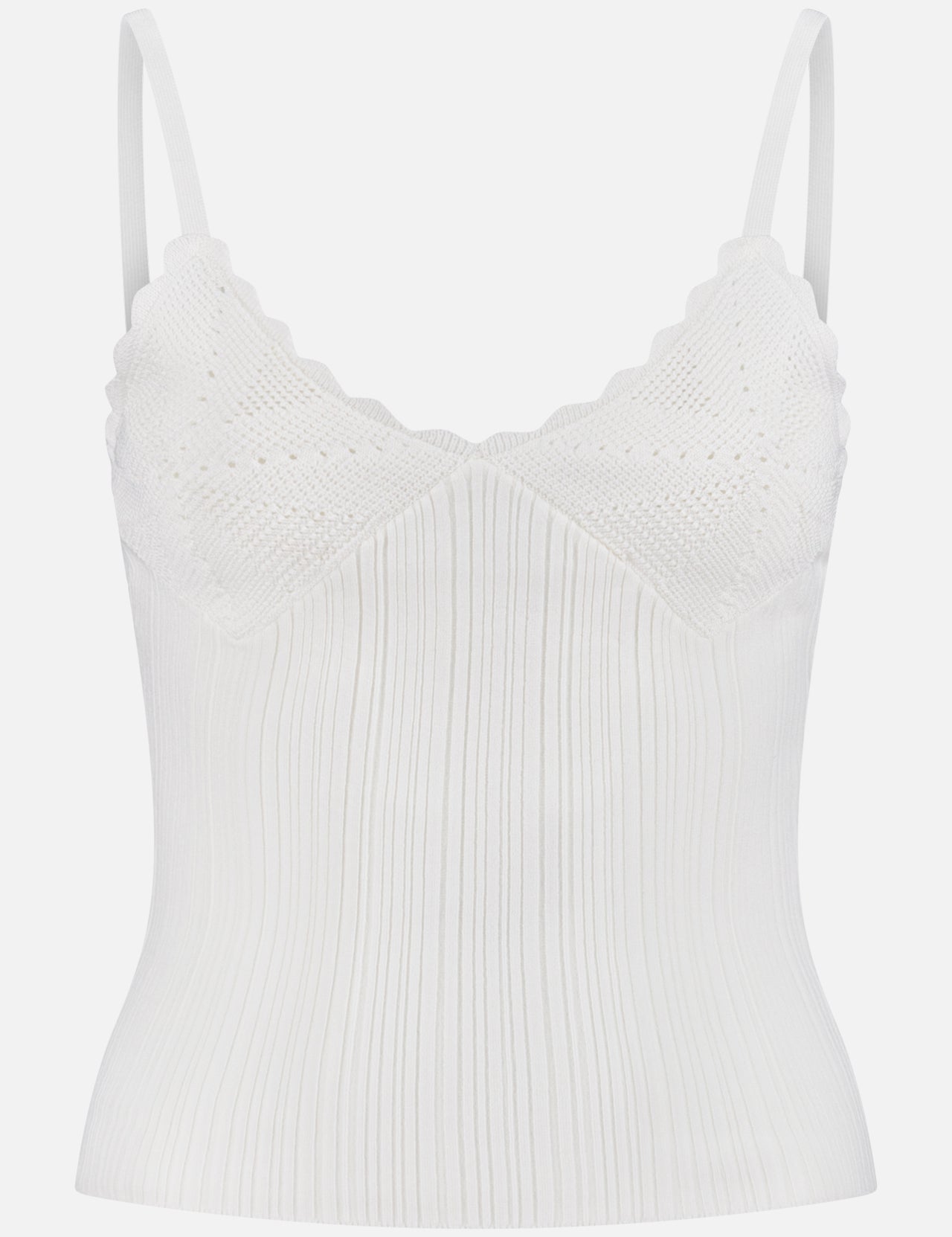 The Leonie Knit Tank Top by RONNY KOBO features white ribbed knit fabric, thin shoulder straps, and a scalloped textured chest—an ideal minimalist piece for versatile styling. Displayed on a plain white background.