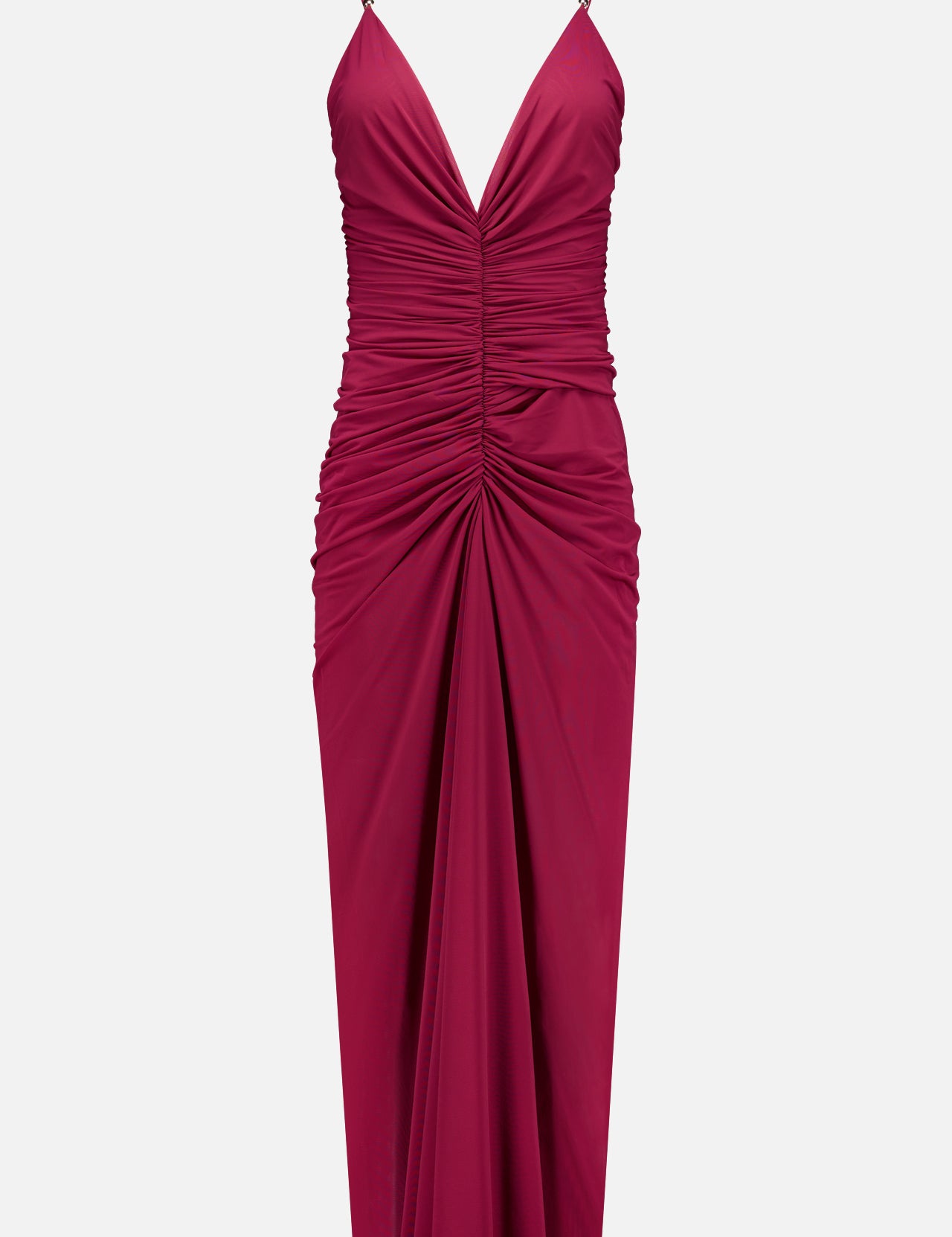 The Anya Ruched Maxi Dress by RONNY KOBO is a sleeveless magenta v-neck dress with thin straps, ruched bodice and waist detailing, and a draped, fitted maxi-length skirt.