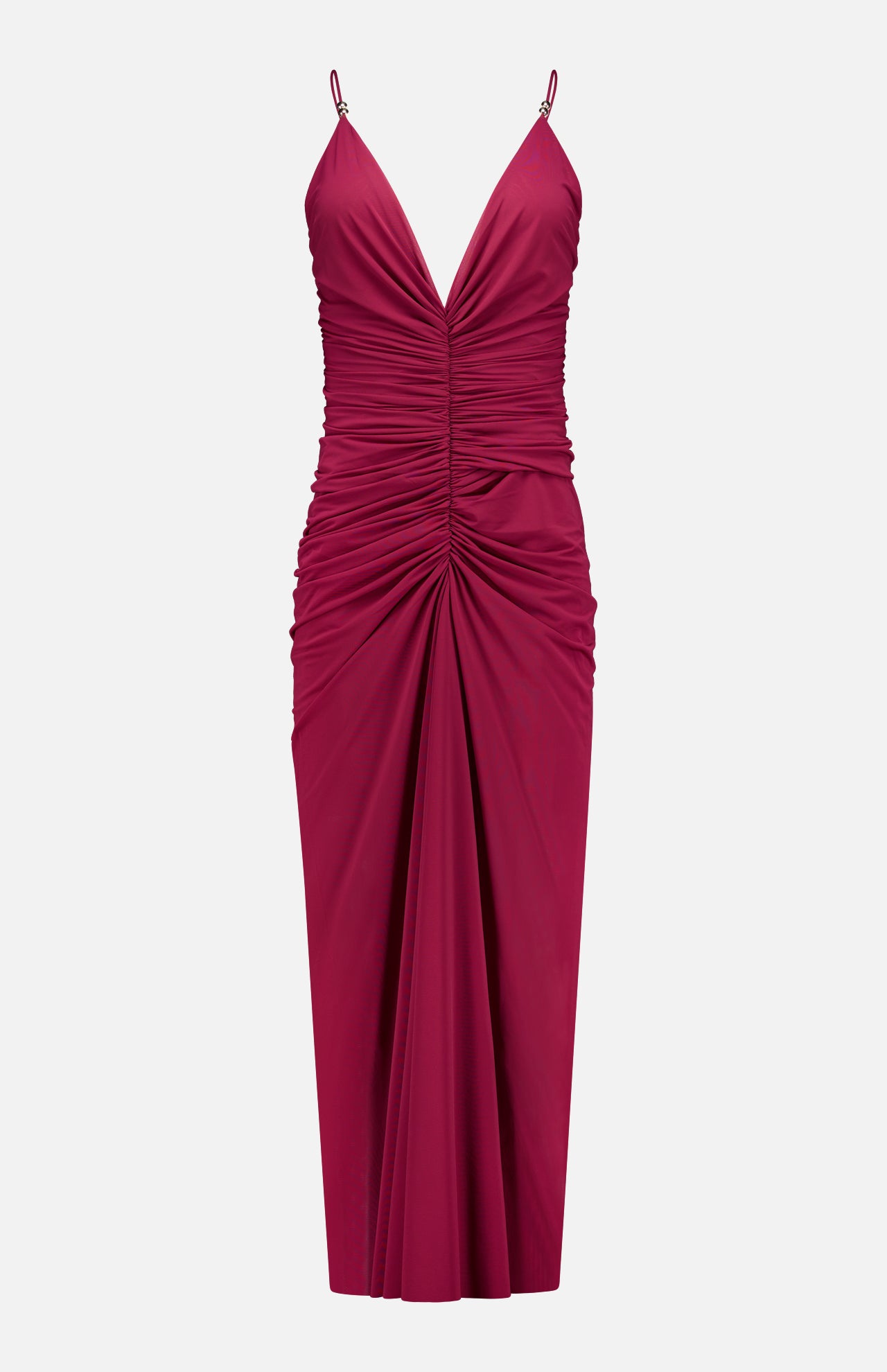 The Anya Ruched Maxi Dress by RONNY KOBO is a sleeveless magenta v-neck dress with thin straps, ruched bodice and waist detailing, and a draped, fitted maxi-length skirt.