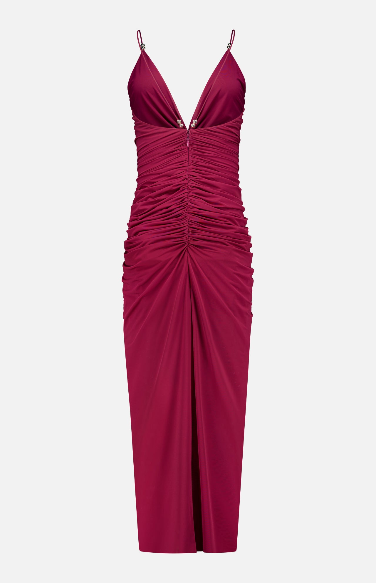 The Anya Ruched Maxi Dress by RONNY KOBO features a sleeveless deep magenta design with thin spaghetti straps, plunging V-neckline, ruched bodice and skirt, fitted silhouette, and front slit—an elegant choice for any occasion.