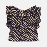 The Aubrey Zebra Print Ruffle Top by RONNY KOBO is a sleeveless top with ruffle details on the shoulders and neckline, showcasing a bold black and white zebra pattern, shown on a white background.