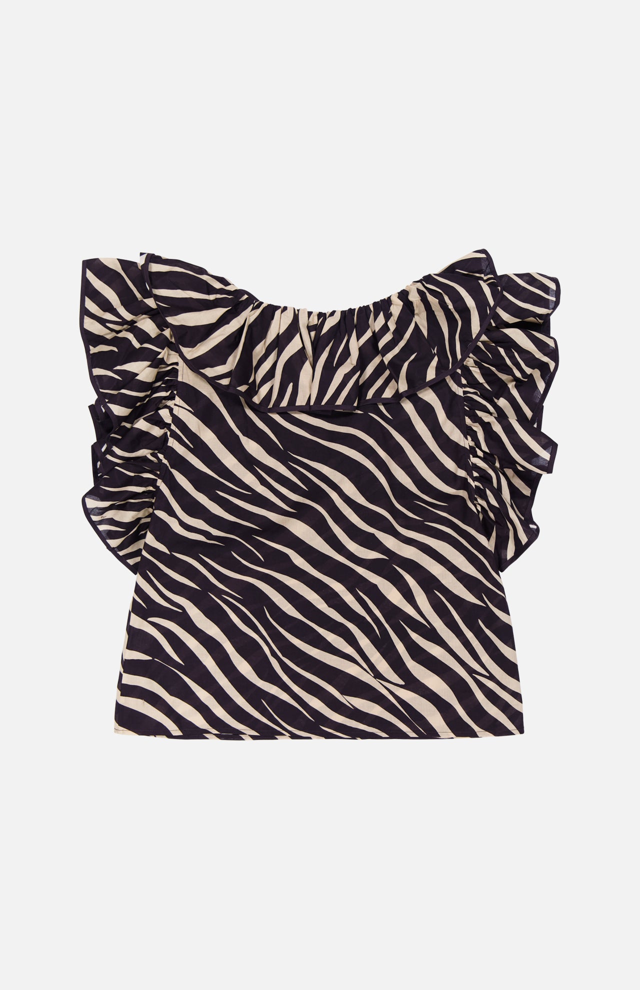 The Aubrey Zebra Print Ruffle Top by RONNY KOBO is a sleeveless top with ruffle details on the shoulders and neckline, showcasing a bold black and white zebra pattern, shown on a white background.