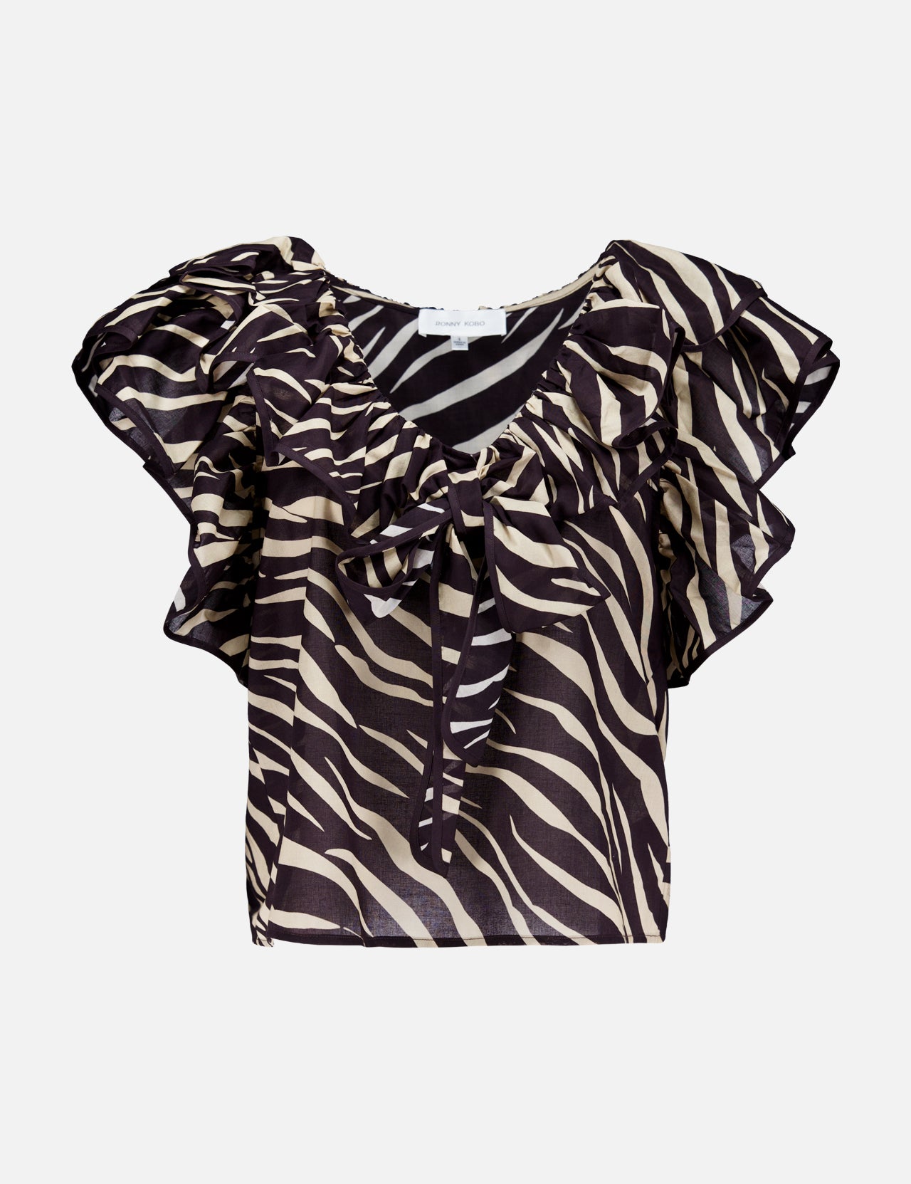The Aubrey Zebra Print Ruffle Top by RONNY KOBO is a short-sleeved, sheer black and beige top featuring zebra stripes, ruffle details at the neckline and shoulders, and a chic front tie.