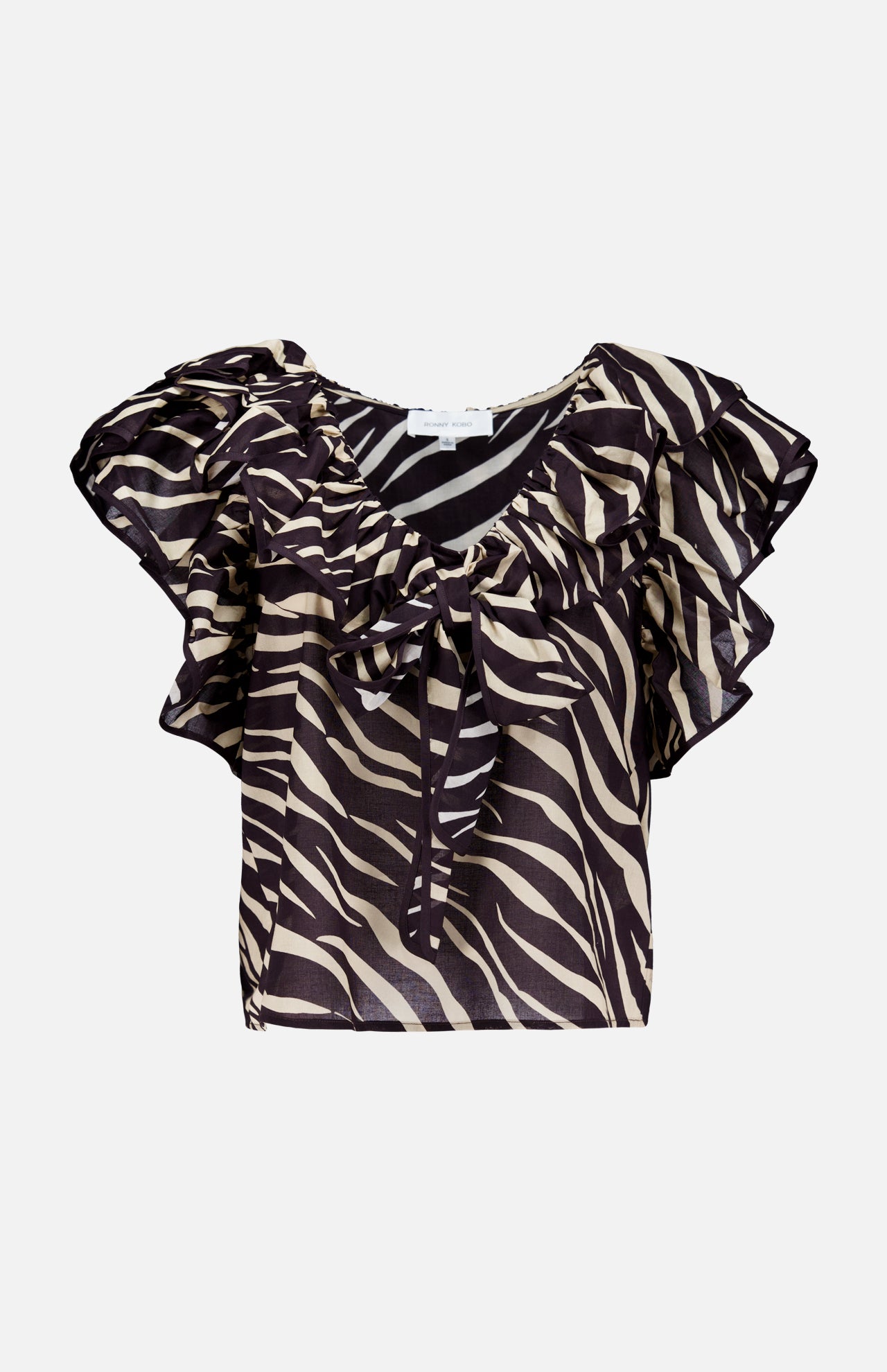 The Aubrey Zebra Print Ruffle Top by RONNY KOBO is a short-sleeved, sheer black and beige top featuring zebra stripes, ruffle details at the neckline and shoulders, and a chic front tie.