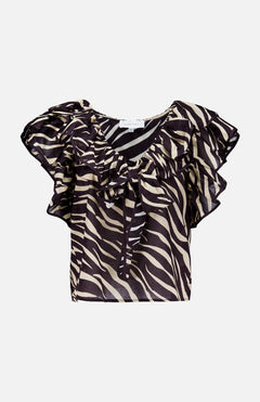 The Aubrey Zebra Print Ruffle Top by RONNY KOBO is a short-sleeved, sheer black and beige top featuring zebra stripes, ruffle details at the neckline and shoulders, and a chic front tie.