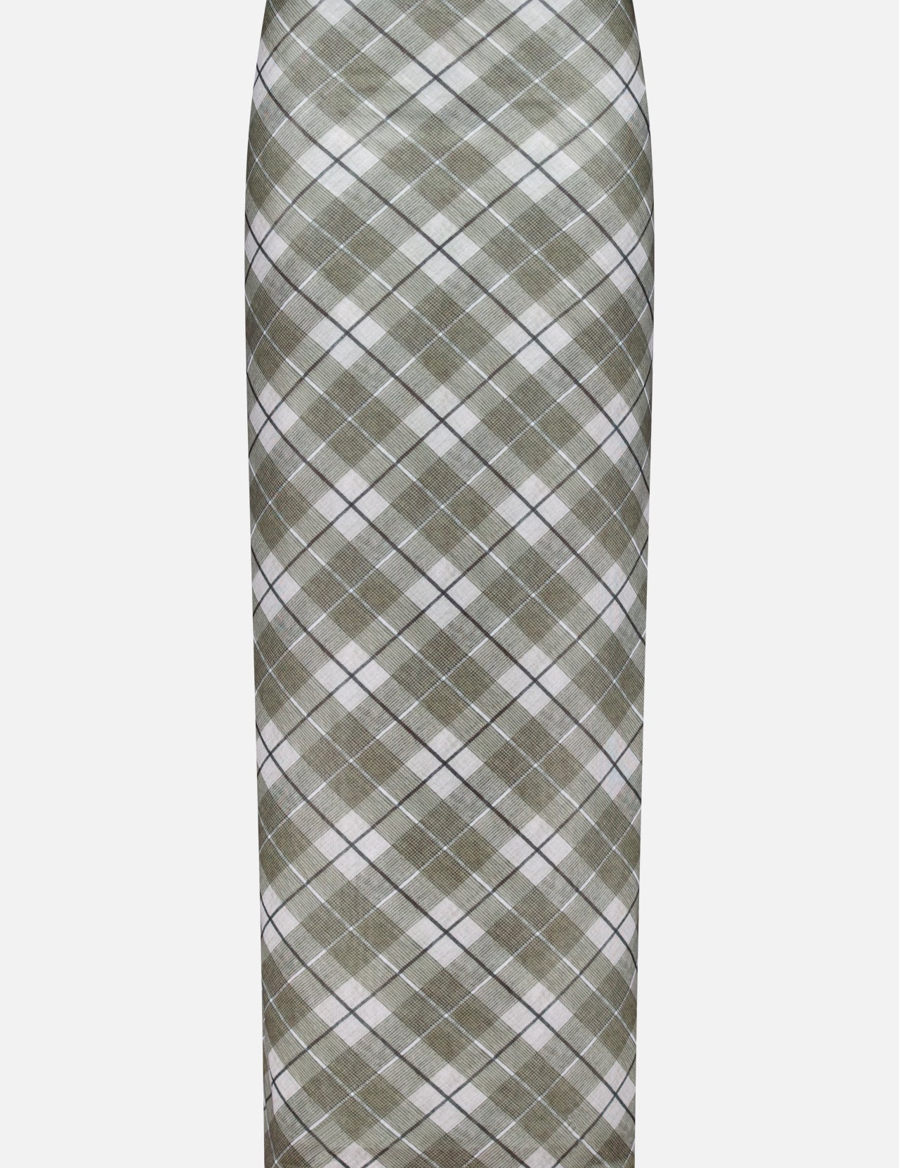 The Azana Mesh Plaid Skirt by RONNY KOBO is a high-waisted, knee-length skirt with a green, gray, and white diagonal plaid pattern—perfect for elevating your office look.