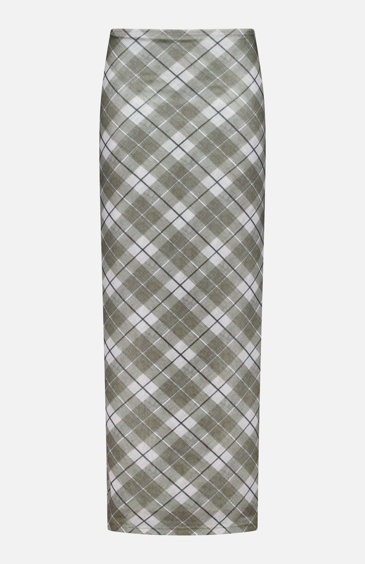 The Azana Mesh Plaid Skirt by RONNY KOBO is a high-waisted, knee-length skirt with a green, gray, and white diagonal plaid pattern—perfect for elevating your office look.