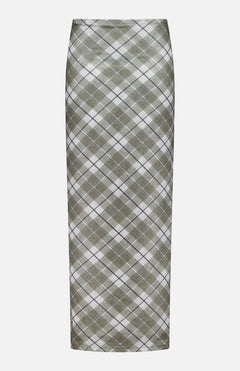 The Azana Mesh Plaid Skirt by RONNY KOBO is a high-waisted, knee-length skirt with a green, gray, and white diagonal plaid pattern—perfect for elevating your office look.