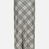 The Azana Mesh Plaid Skirt by RONNY KOBO features a gray, white, and olive green diamond plaid pattern with a high waist and mid-calf straight fit—ideal for office outfits or smart casual looks.