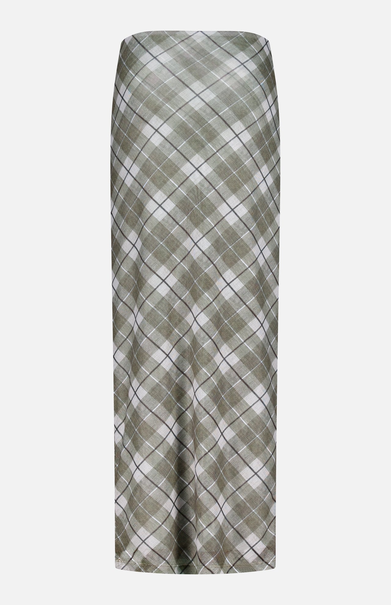 The Azana Mesh Plaid Skirt by RONNY KOBO features a gray, white, and olive green diamond plaid pattern with a high waist and mid-calf straight fit—ideal for office outfits or smart casual looks.