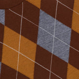 Close-up of the Bradley Argyle Sweater by RONNY KOBO, showcasing its wool cashmere blend and distinctive brown, mustard, and gray argyle pattern with visible white stitching. The brand’s tag appears in the top left corner.