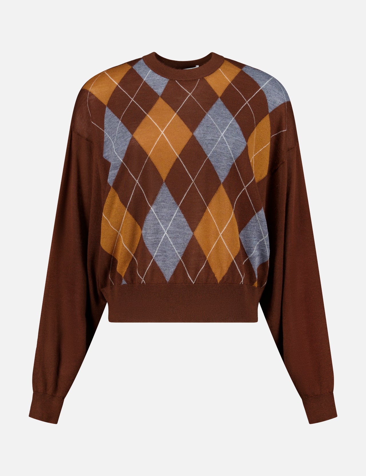 The Bradley Argyle Sweater by RONNY KOBO is a brown wool-cashmere piece showcasing an argyle pattern in brown, orange, and gray on the front, displayed against a plain white background.