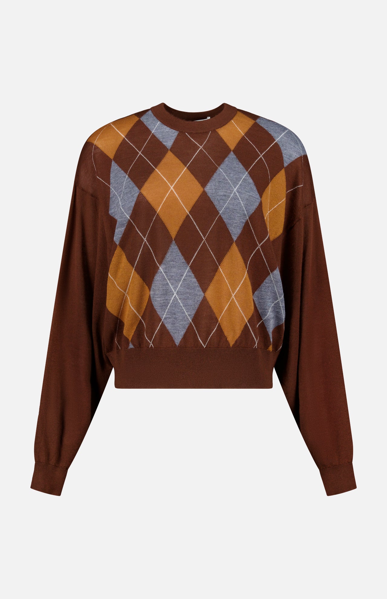 The Bradley Argyle Sweater by RONNY KOBO is a brown wool-cashmere piece showcasing an argyle pattern in brown, orange, and gray on the front, displayed against a plain white background.