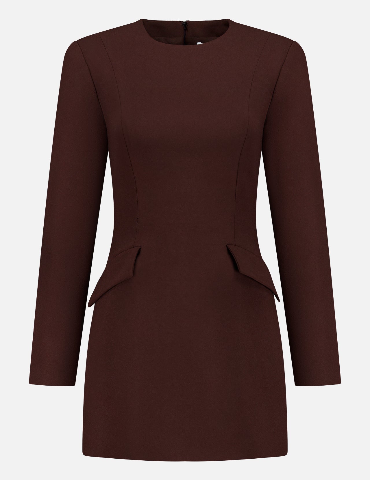The Brette Pocket Mini Dress by RONNY KOBO is a chocolate brown, long-sleeve mini dress featuring a fitted waist, round neckline, and decorative hip flaps, shown against a plain white background.