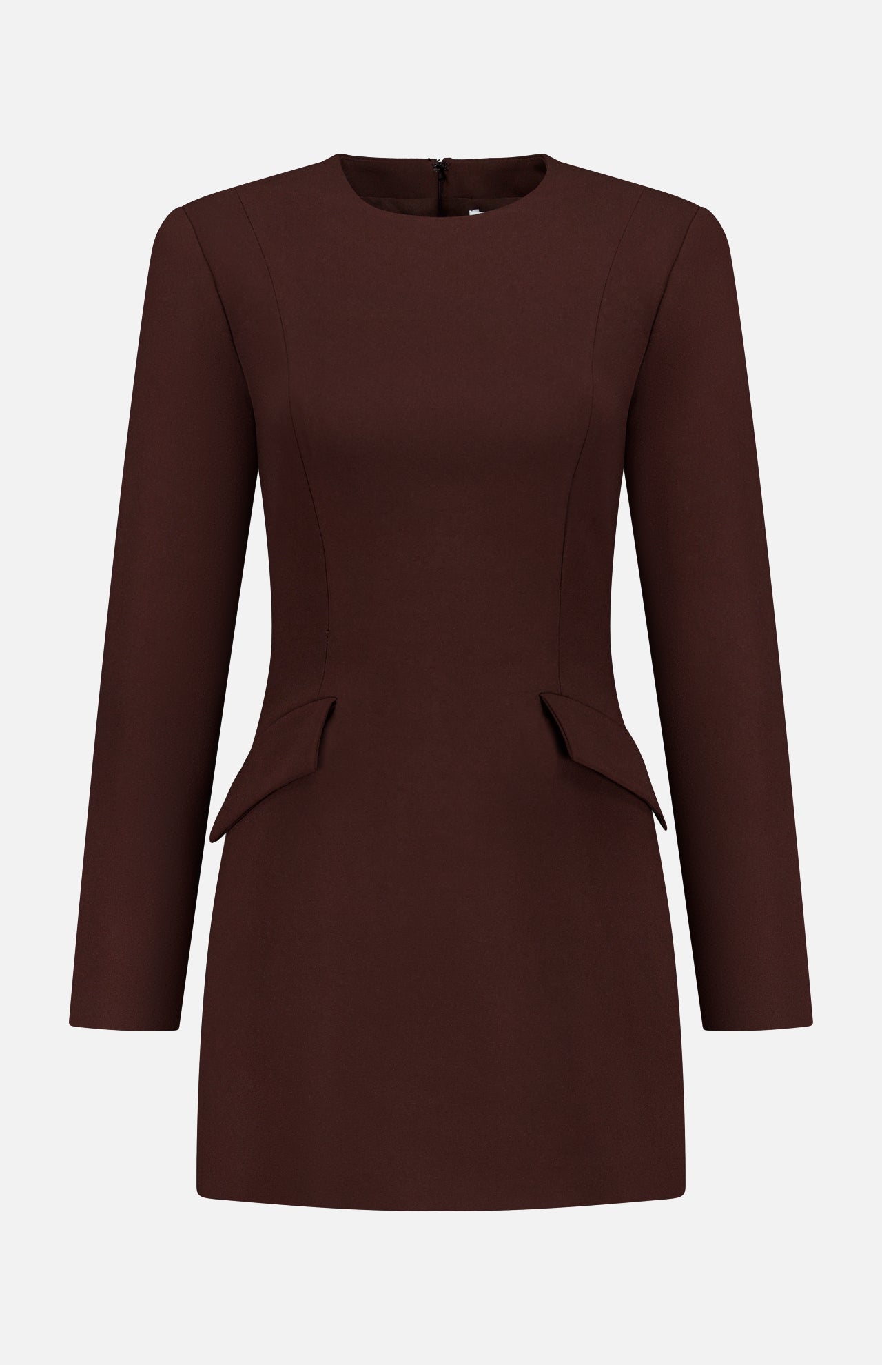 The Brette Pocket Mini Dress by RONNY KOBO is a chocolate brown, long-sleeve mini dress featuring a fitted waist, round neckline, and decorative hip flaps, shown against a plain white background.