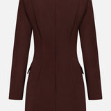 The Brette Pocket Mini Dress by RONNY KOBO is displayed from the back, showcasing its long sleeves, chocolate brown hue, central invisible zipper, and subtle seam detailing that enhances its tailored, fitted silhouette.