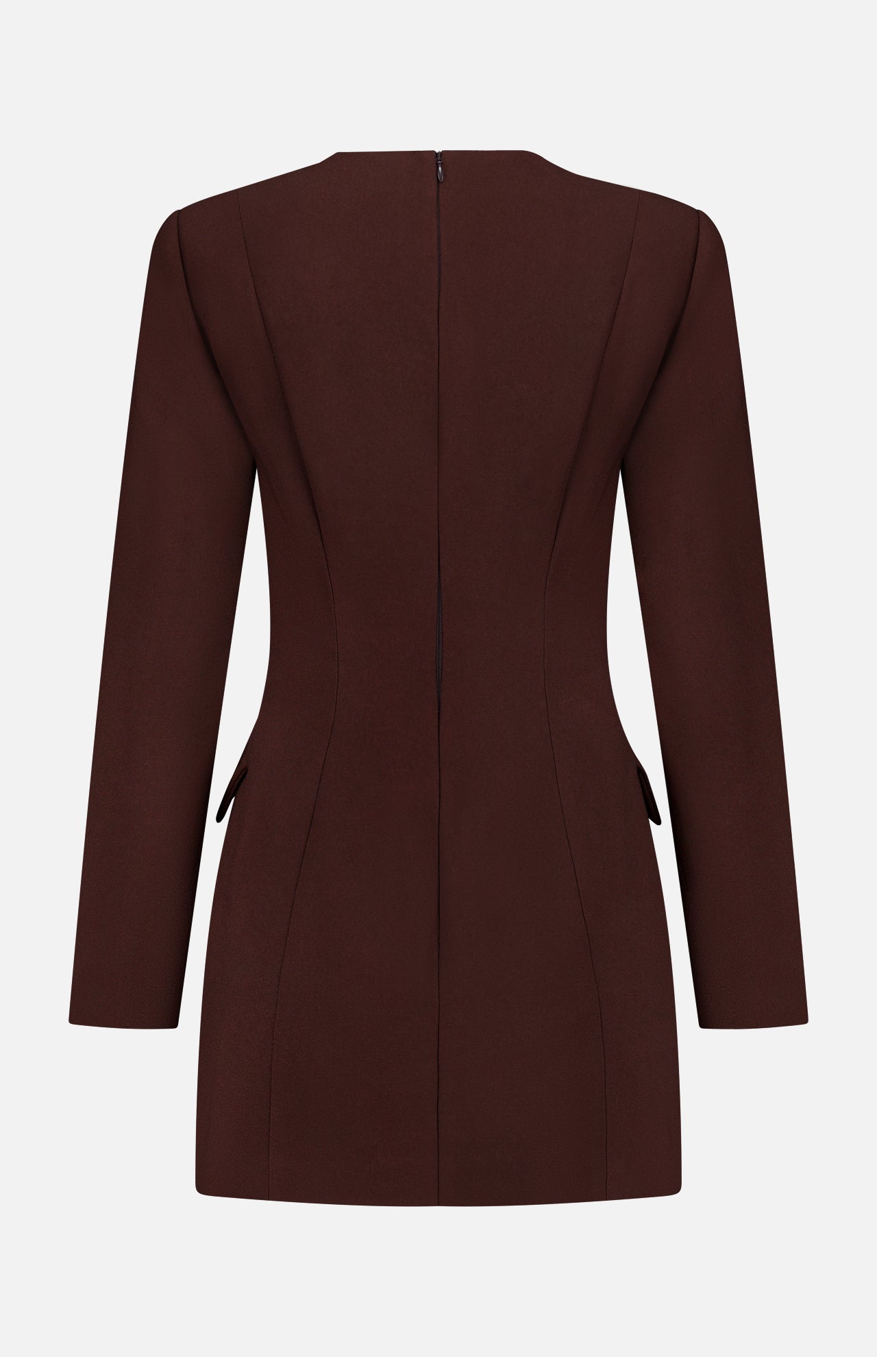 The Brette Pocket Mini Dress by RONNY KOBO is displayed from the back, showcasing its long sleeves, chocolate brown hue, central invisible zipper, and subtle seam detailing that enhances its tailored, fitted silhouette.