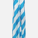 The Chantell Striped Satin Maxi Dress by RONNY KOBO features bold diagonal blue and white stripes, a sleeveless halter-neck, high neckline, and loose silhouette—a striking choice for any occasion.