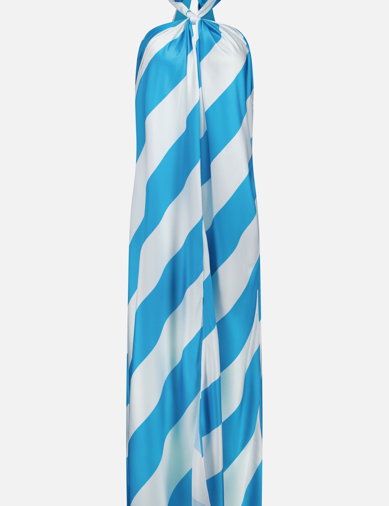 The Chantell Striped Satin Maxi Dress by RONNY KOBO features bold diagonal blue and white stripes, a sleeveless halter-neck, high neckline, and loose silhouette—a striking choice for any occasion.