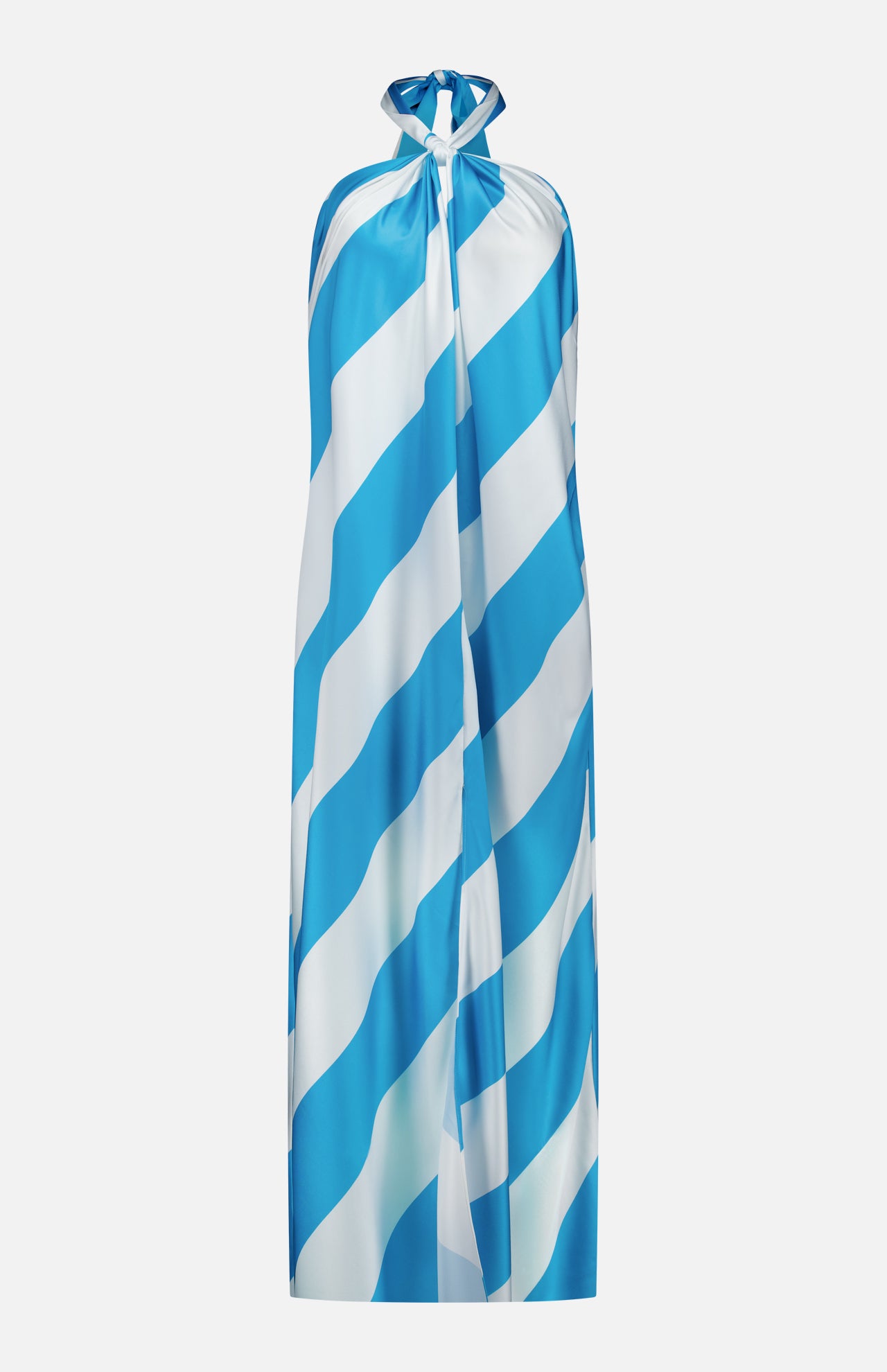 The Chantell Striped Satin Maxi Dress by RONNY KOBO features bold diagonal blue and white stripes, a sleeveless halter-neck, high neckline, and loose silhouette—a striking choice for any occasion.