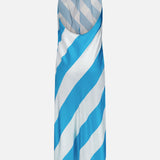 The Chantell Striped Satin Maxi Dress by RONNY KOBO features a sleeveless, halter neckline, asymmetrical cut, and shiny turquoise satin with wide blue and white diagonal stripes for a modern look.