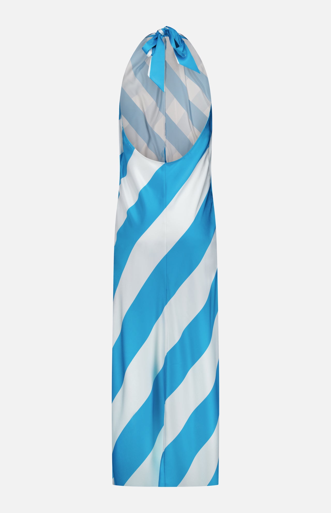 The Chantell Striped Satin Maxi Dress by RONNY KOBO features a sleeveless, halter neckline, asymmetrical cut, and shiny turquoise satin with wide blue and white diagonal stripes for a modern look.
