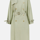 The Cohen Oversized Raincoat by RONNY KOBO is a light sage green, trench-inspired coat featuring a belted waist, double-breasted front with gold buttons, shoulder epaulets, and buckled cuff straps, shown on a plain white background.