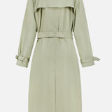 The Cohen Oversized Raincoat by RONNY KOBO, shown from the back in light sage green, features a trench-inspired waist belt, shoulder epaulets, storm flap, and adjustable sleeve cuffs.