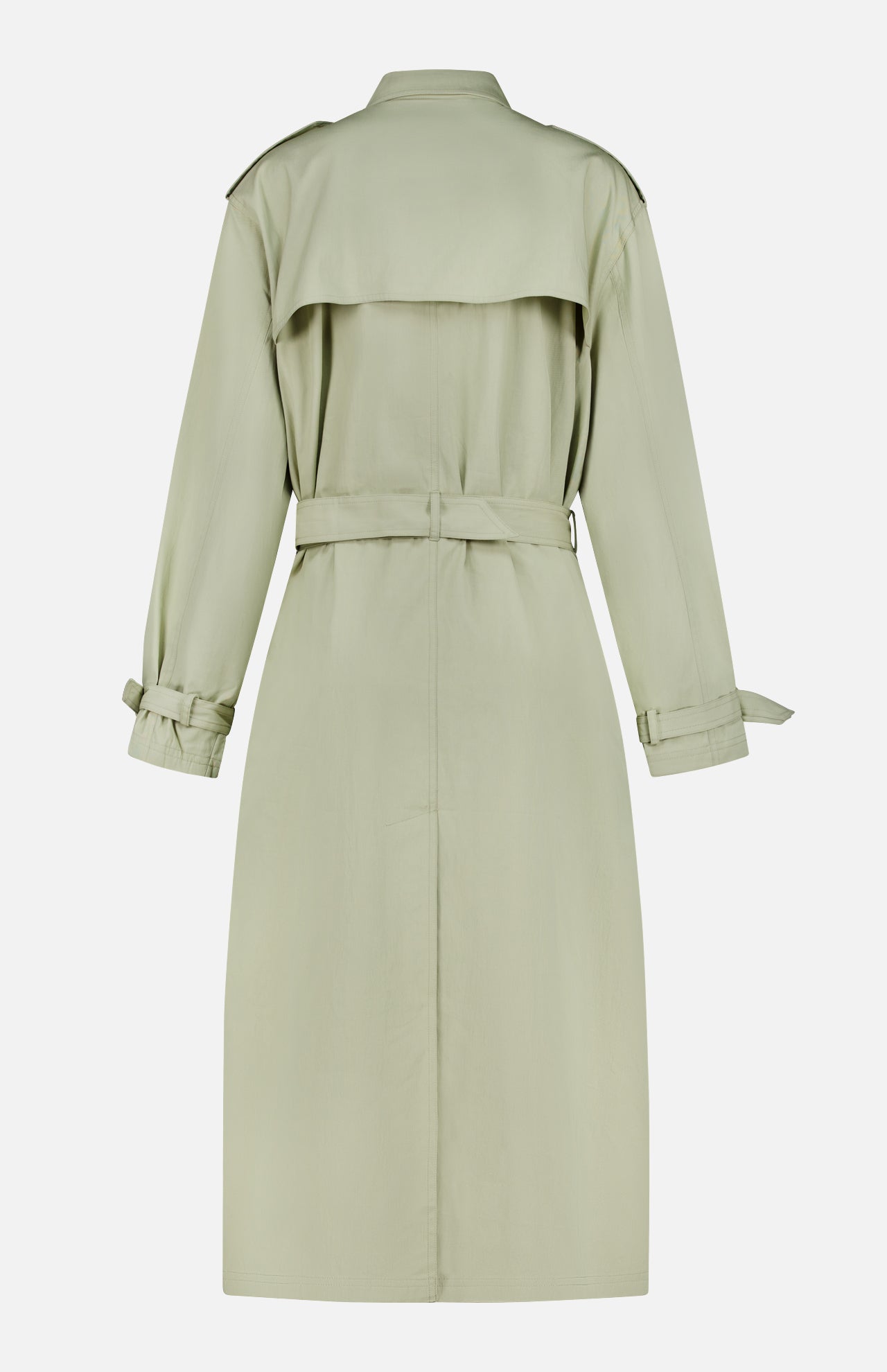 The Cohen Oversized Raincoat by RONNY KOBO, shown from the back in light sage green, features a trench-inspired waist belt, shoulder epaulets, storm flap, and adjustable sleeve cuffs.