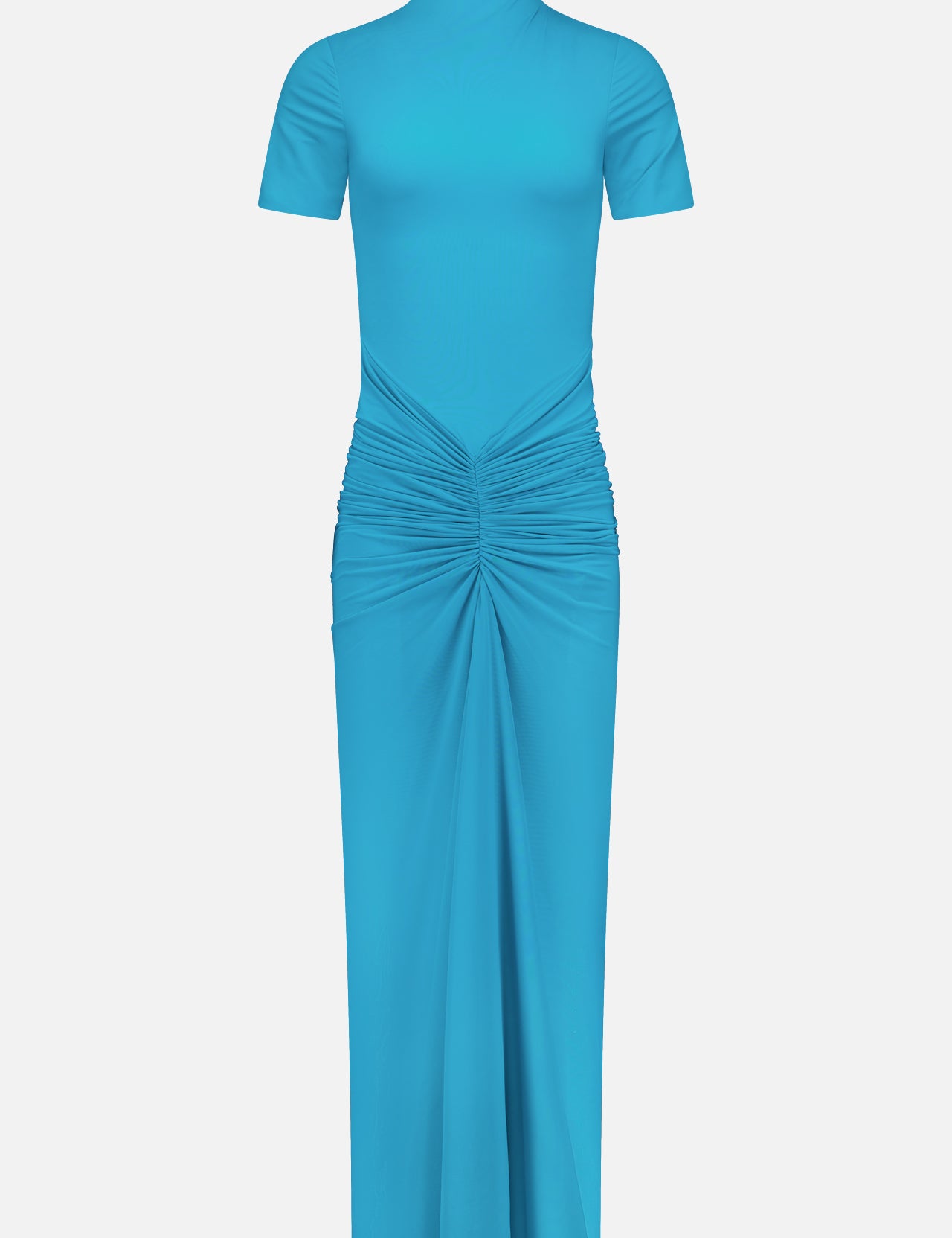 The RONNY KOBO Enid Ruched Detail Maxi Dress is a vibrant turquoise gown with short sleeves, a high neckline, ruched waist, and elegant draped folds flowing down its maxi-length skirt—perfect for wedding guests.
