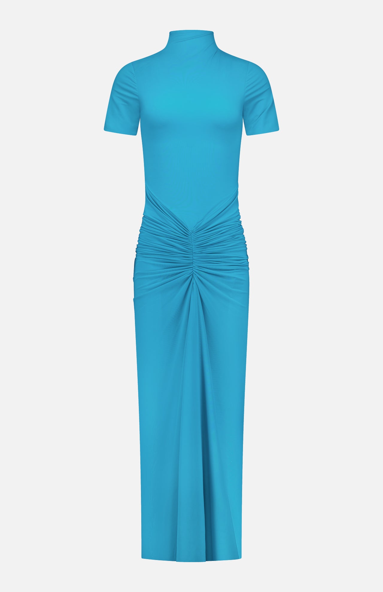 The RONNY KOBO Enid Ruched Detail Maxi Dress is a vibrant turquoise gown with short sleeves, a high neckline, ruched waist, and elegant draped folds flowing down its maxi-length skirt—perfect for wedding guests.