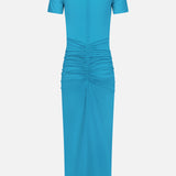 The RONNY KOBO Enid Ruched Detail Maxi Dress is a bright blue, short-sleeve, ankle-length dress with a high neckline, ruched waist and hips, and a back central seam—perfect for wedding guests.