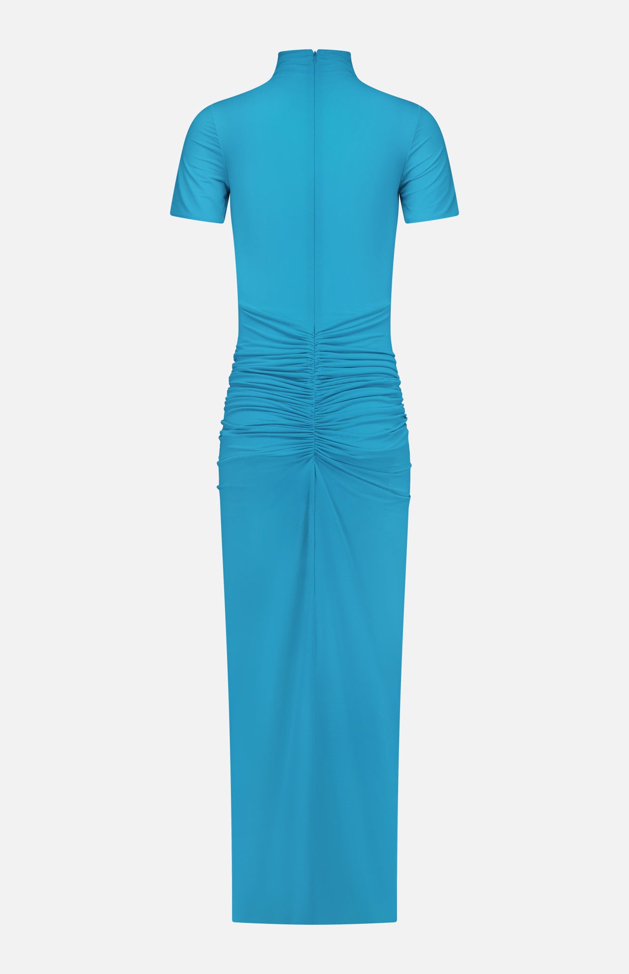 The RONNY KOBO Enid Ruched Detail Maxi Dress is a bright blue, short-sleeve, ankle-length dress with a high neckline, ruched waist and hips, and a back central seam—perfect for wedding guests.