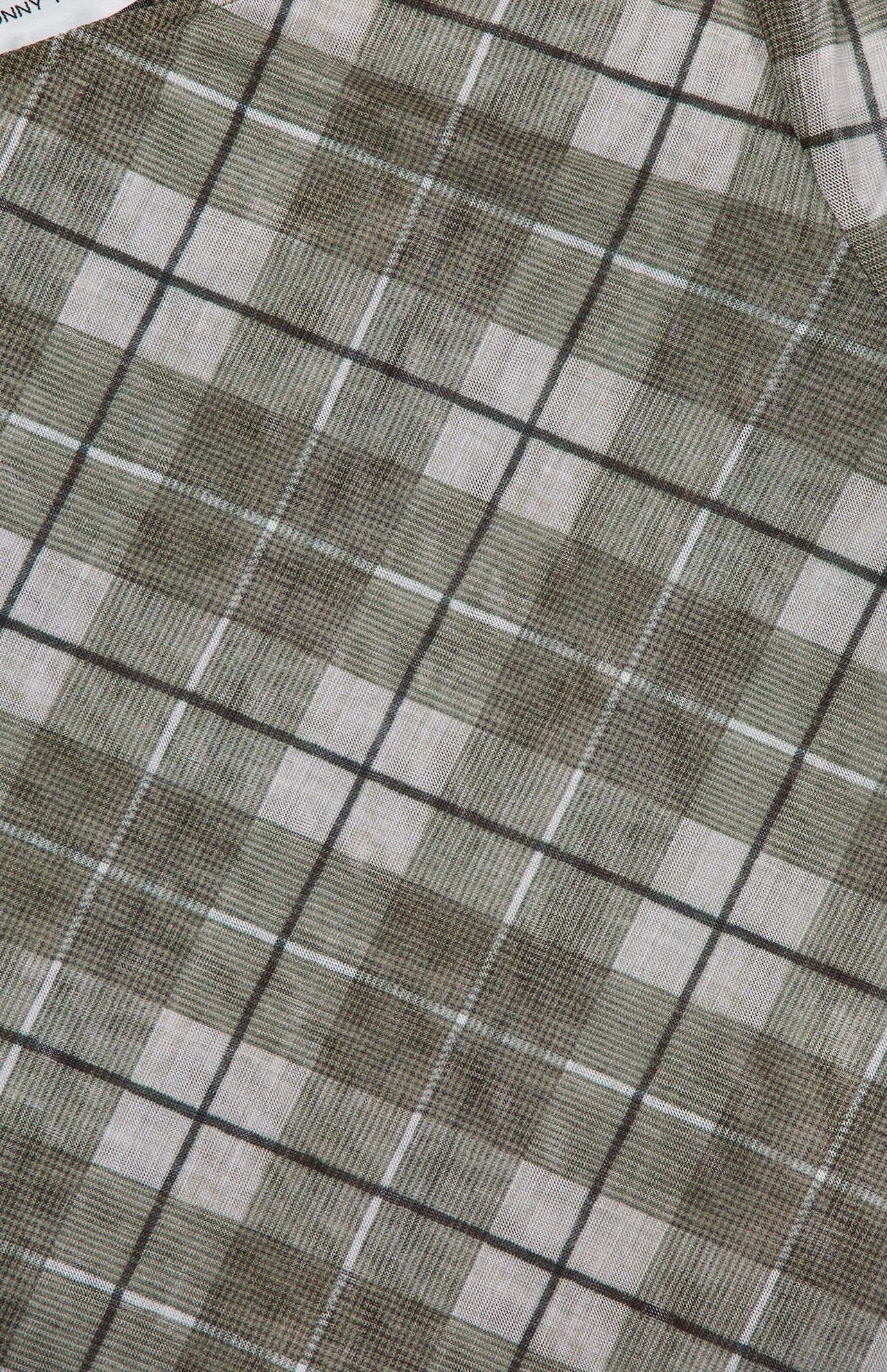 The RONNY KOBO Flume Mesh Plaid Top showcases intersecting green, grey, and white lines in a plaid pattern—an office-ready neutral top with versatile style.