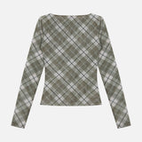 The RONNY KOBO Flume Mesh Plaid Top features green and white plaid mesh, long sleeves, and a wide scooped neckline—versatile enough for both office outfits and casual looks. Shown flat on a white background.