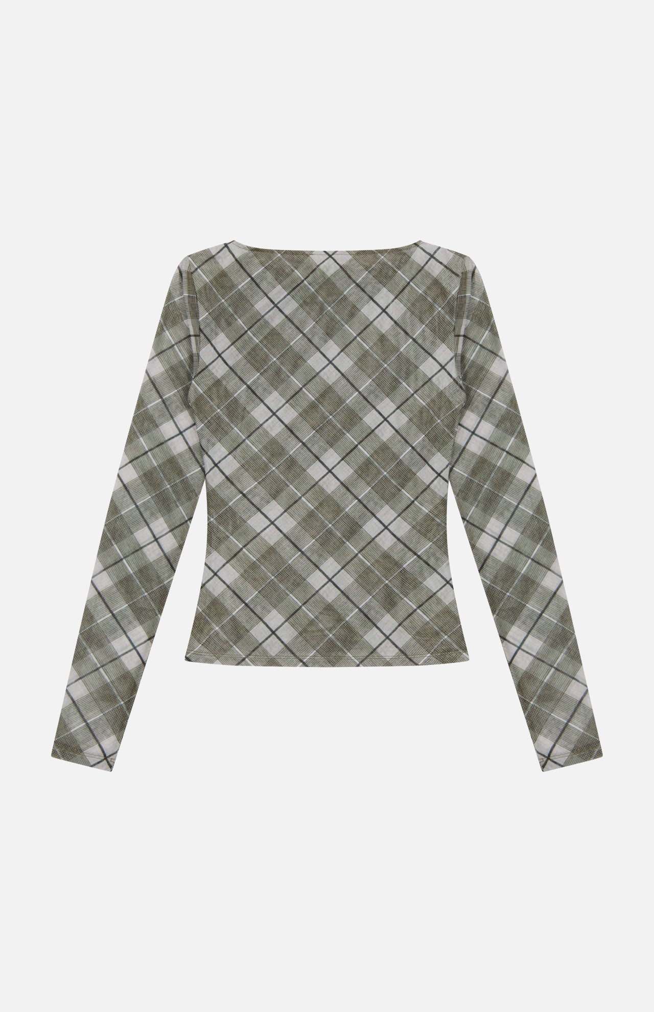 The RONNY KOBO Flume Mesh Plaid Top features green and white plaid mesh, long sleeves, and a wide scooped neckline—versatile enough for both office outfits and casual looks. Shown flat on a white background.