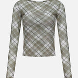 The Flume Mesh Plaid Top by RONNY KOBO features long sleeves, a fitted cropped waist, a round neckline, and a green, white, and gray argyle mesh pattern. Shown on a plain white background; ideal for the office or casual outings.