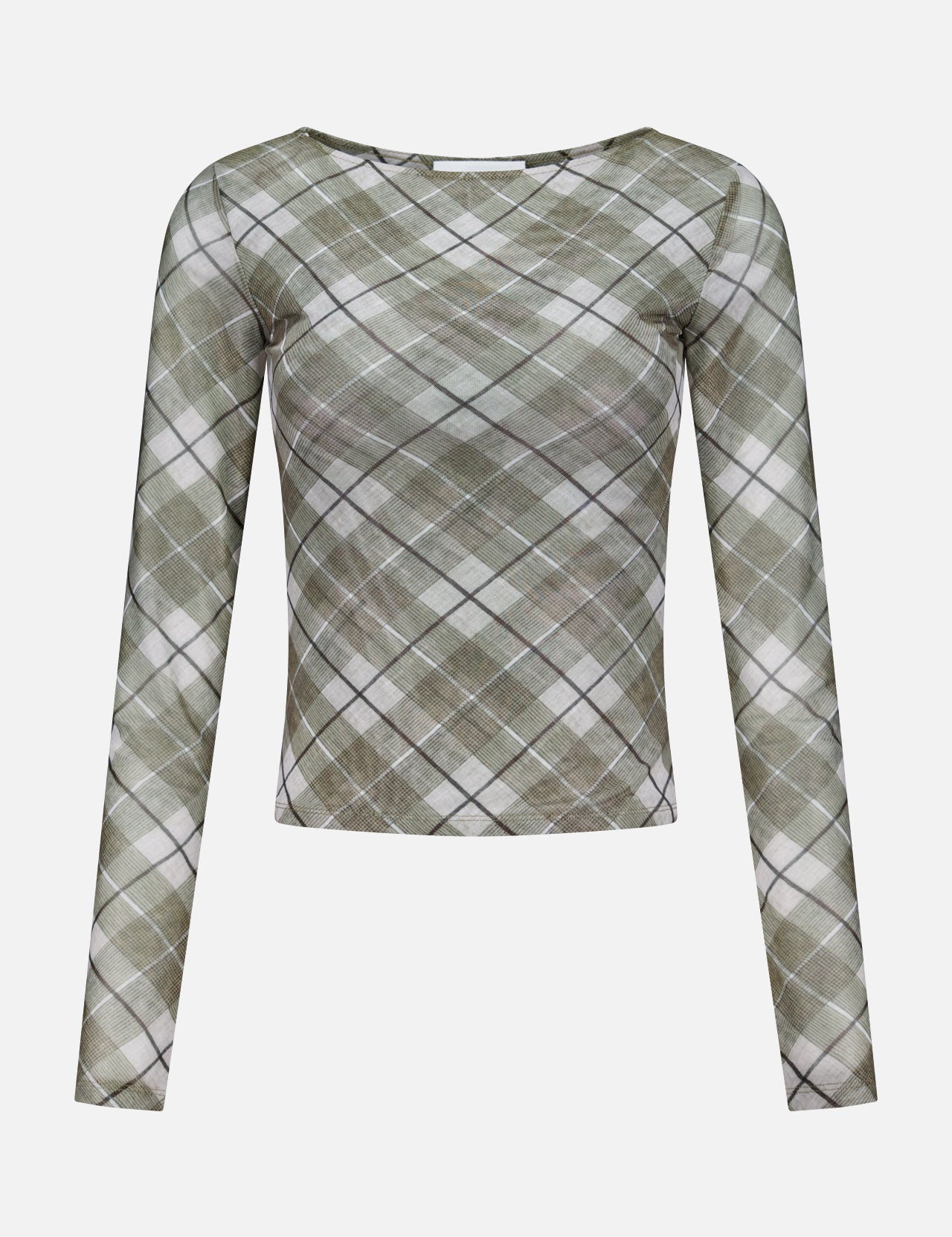 The Flume Mesh Plaid Top by RONNY KOBO features long sleeves, a fitted cropped waist, a round neckline, and a green, white, and gray argyle mesh pattern. Shown on a plain white background; ideal for the office or casual outings.