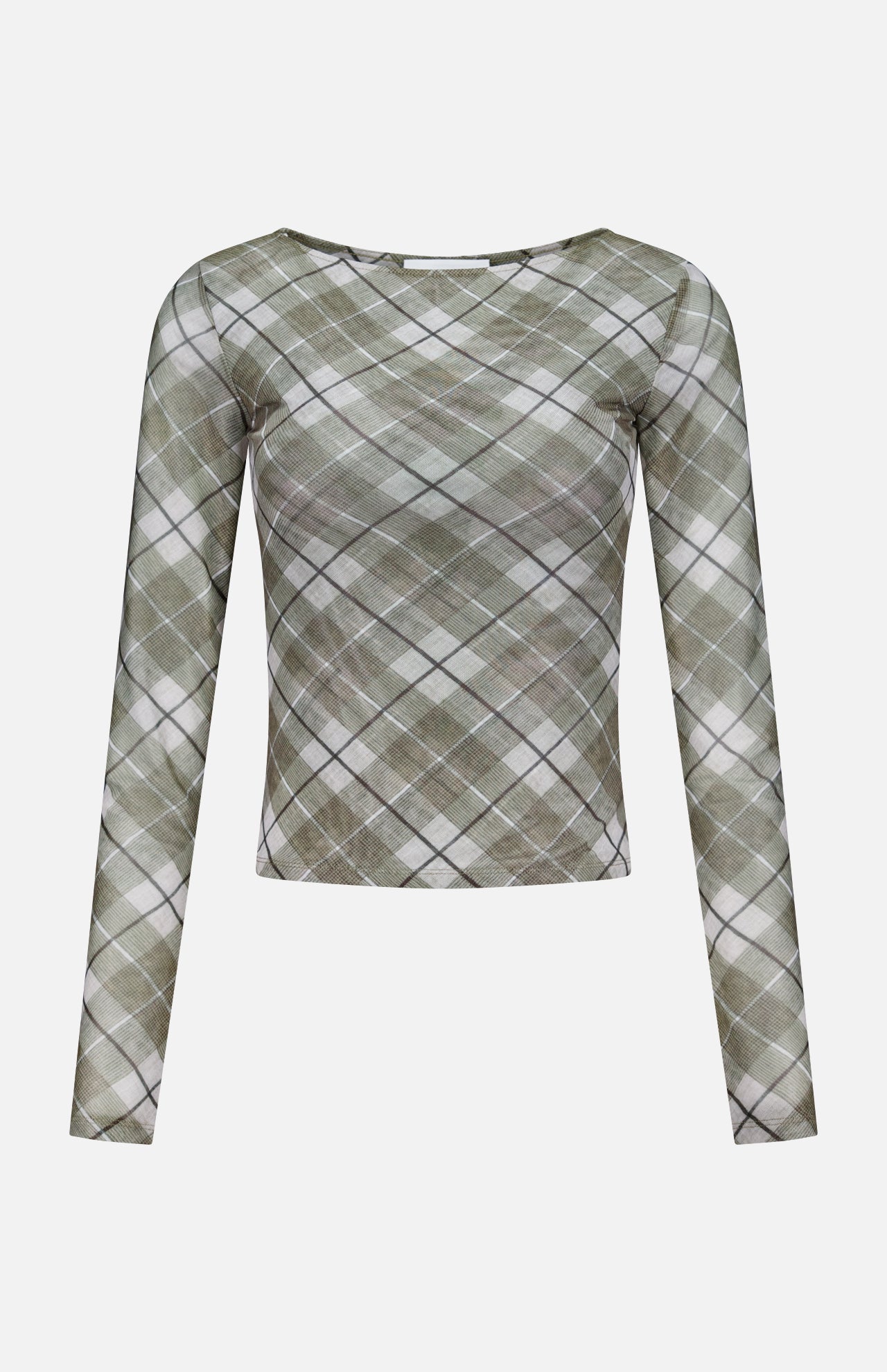 The Flume Mesh Plaid Top by RONNY KOBO features long sleeves, a fitted cropped waist, a round neckline, and a green, white, and gray argyle mesh pattern. Shown on a plain white background; ideal for the office or casual outings.