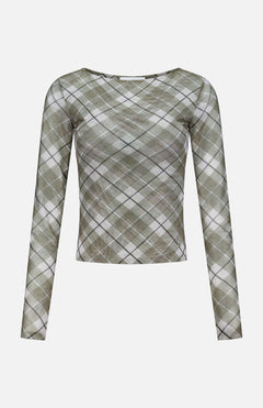 The Flume Mesh Plaid Top by RONNY KOBO features long sleeves, a fitted cropped waist, a round neckline, and a green, white, and gray argyle mesh pattern. Shown on a plain white background; ideal for the office or casual outings.