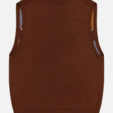 The Gabriel Argyle Knit Vest by RONNY KOBO is a sleeveless, brown knit vest displayed from the back against a white background. Reminiscent of a classic wool cashmere design, it features subtle hints of other colors near the seams.