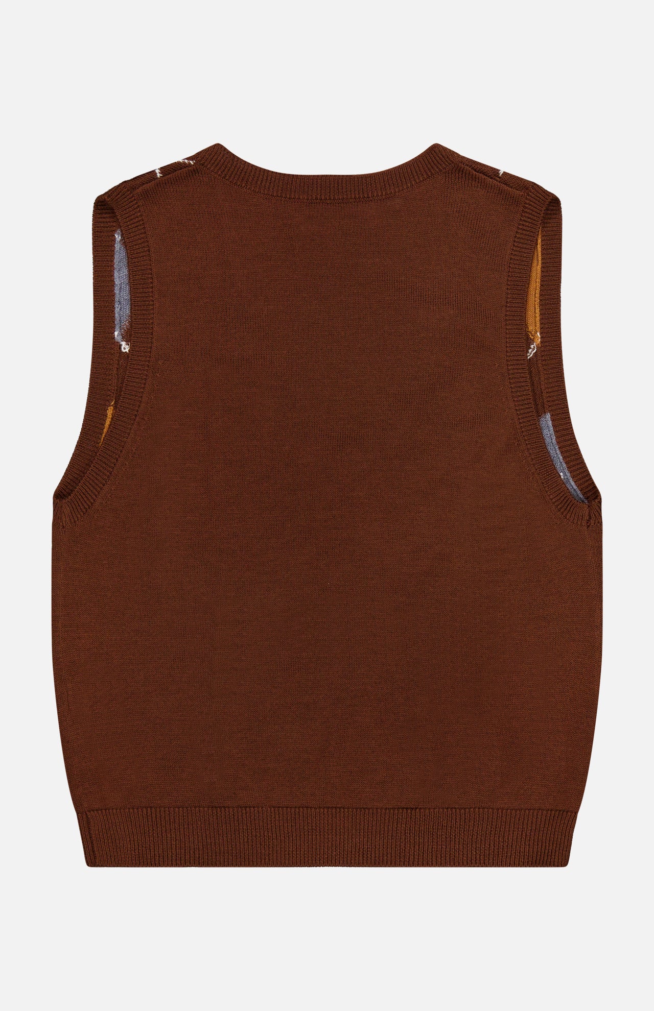 The Gabriel Argyle Knit Vest by RONNY KOBO is a sleeveless, brown knit vest displayed from the back against a white background. Reminiscent of a classic wool cashmere design, it features subtle hints of other colors near the seams.